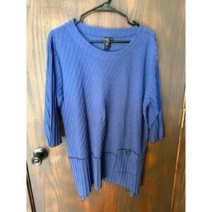 Focus Casual Life Blue Ribbed Cotton Tunic Top Lagenlook 3/4 Sleeve Large